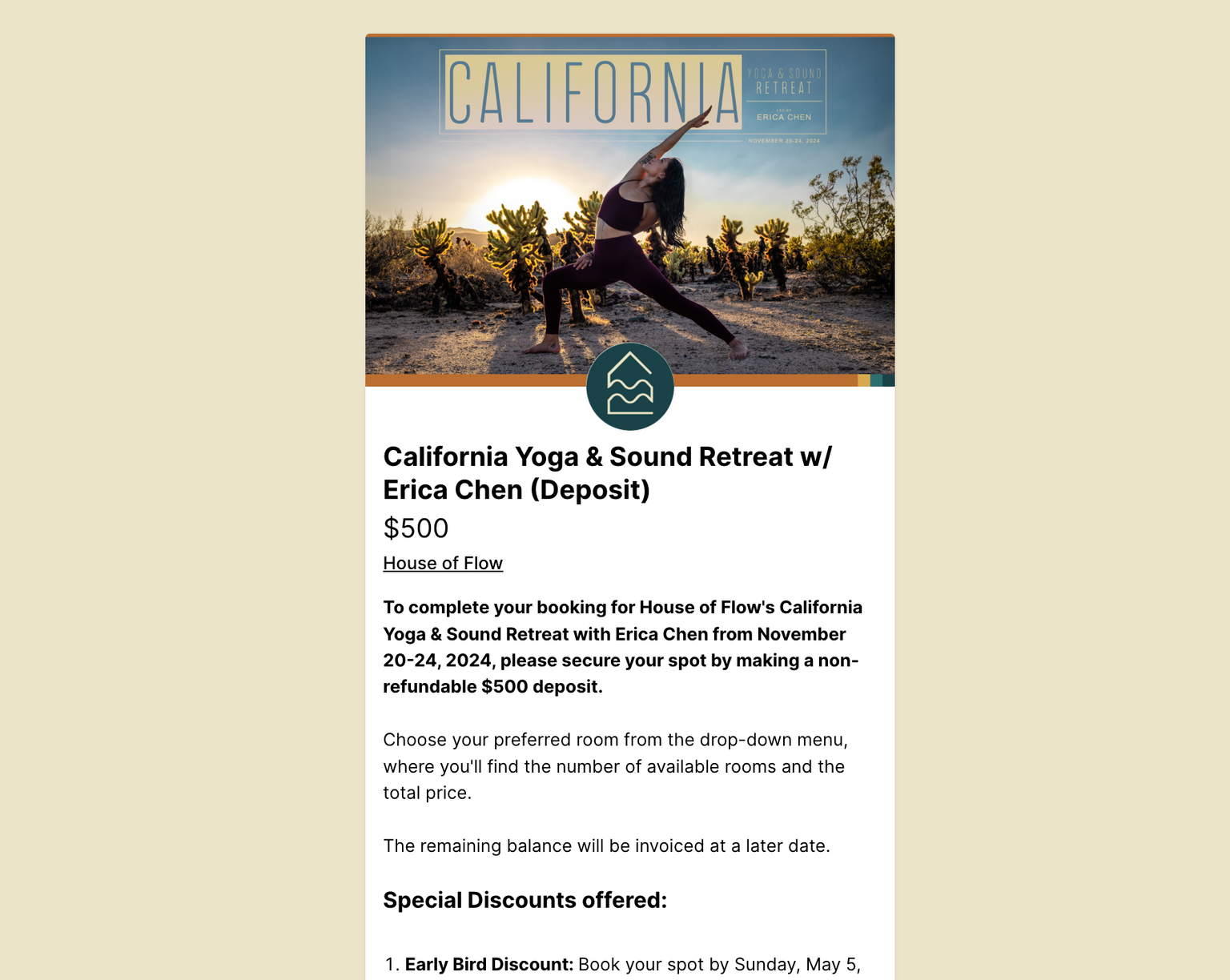 Screenshot of Checkout Page client, House of Flow's Yoga Retreat registration page