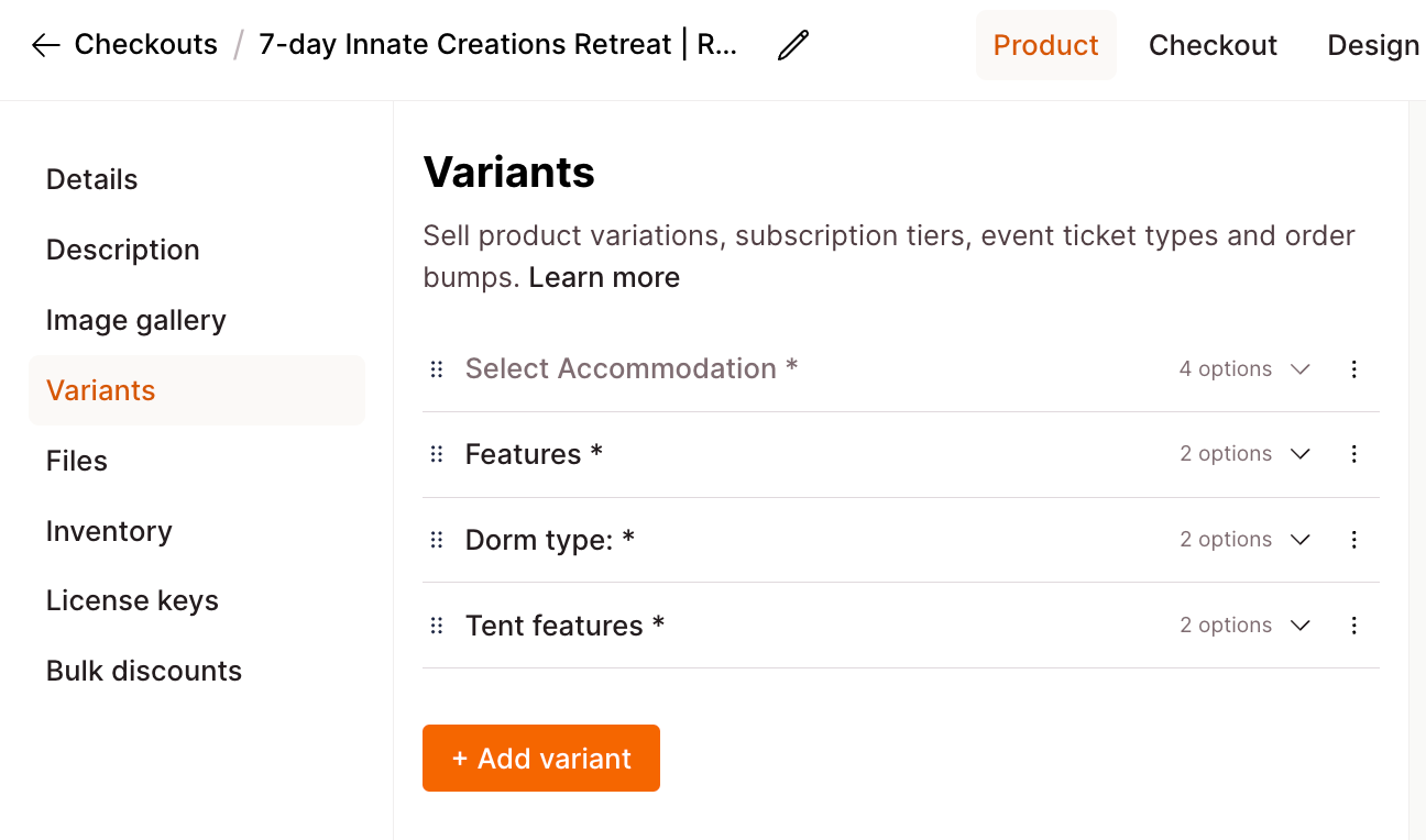 Checkout Page form enabling you to create variants for different accommodations