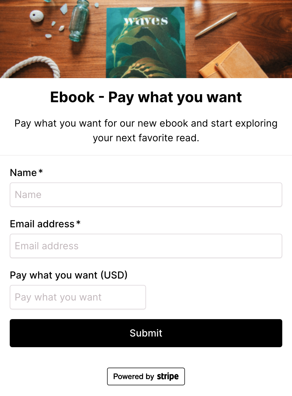 Ebook pay what you want checkout form