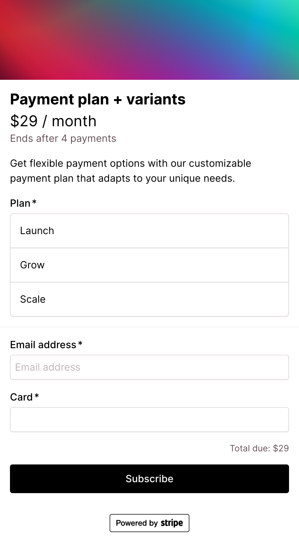Payment plan with product variants checkout form