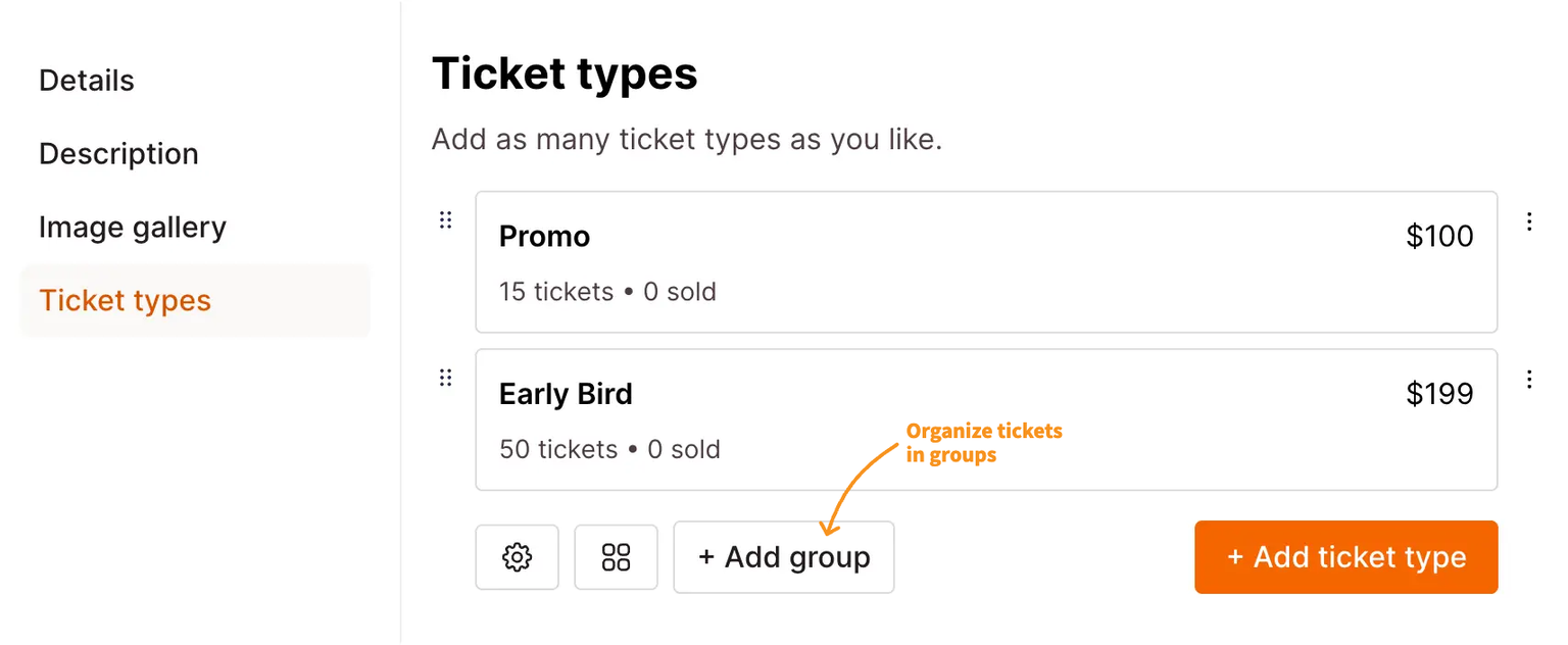 Add group button is in the ticket types section