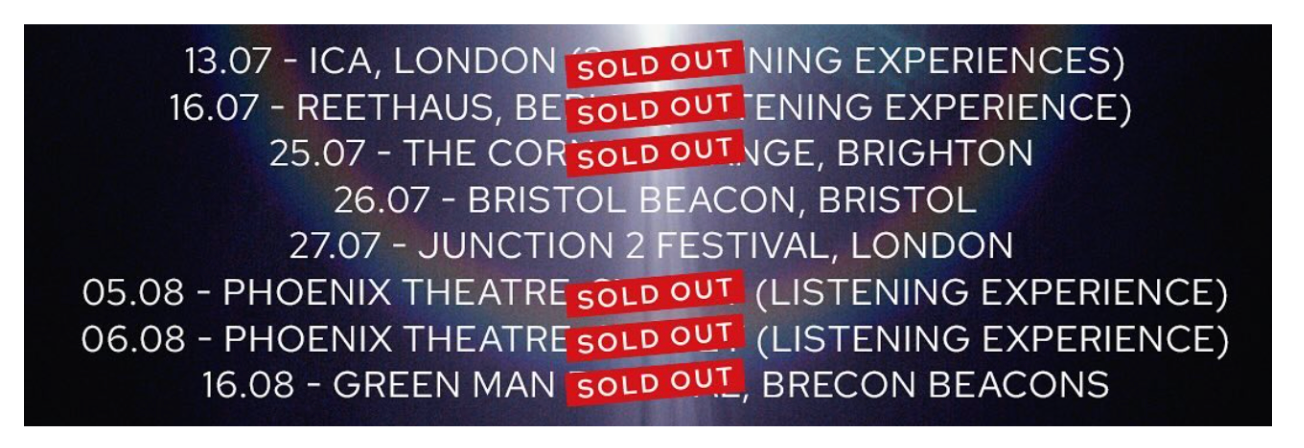 A list of venues and dates with a red 'SOLD OUT' sign over all but two of the listings