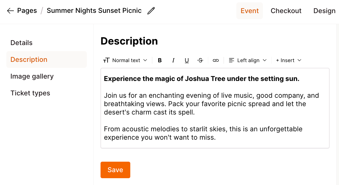 Screenshot of a Checkout Page form enabling you to add a description for your event