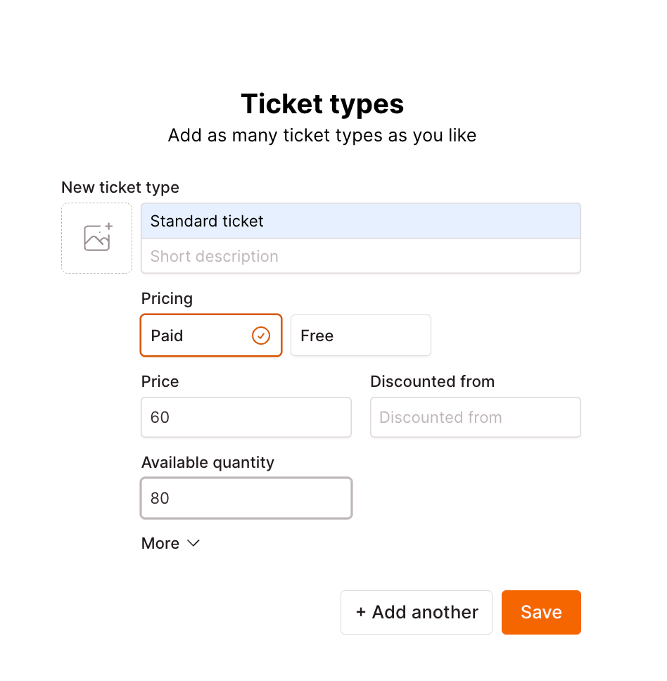 Screenshot of a Checkout Page form enabling you to create ticket types for your event