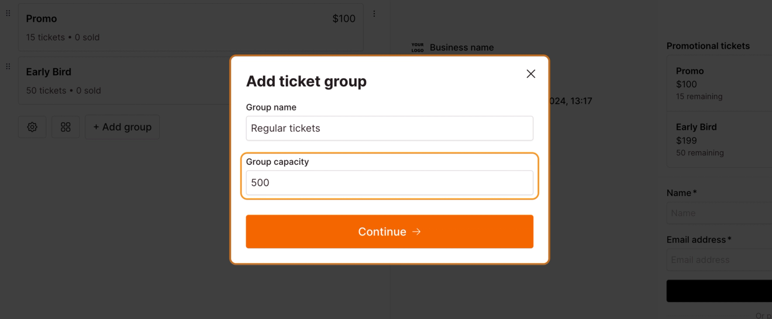Add your ticket group and include group capacity