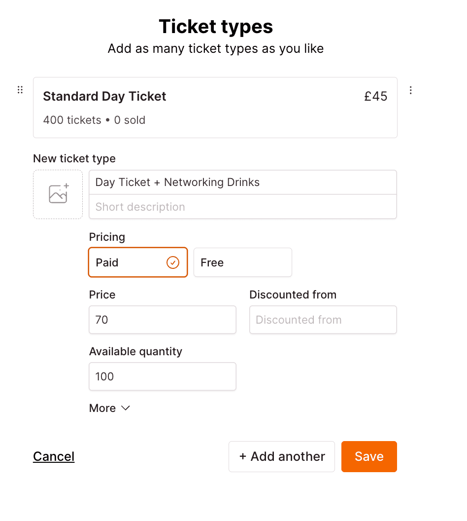 Checkout Page form enabling you to add ticket types for your event