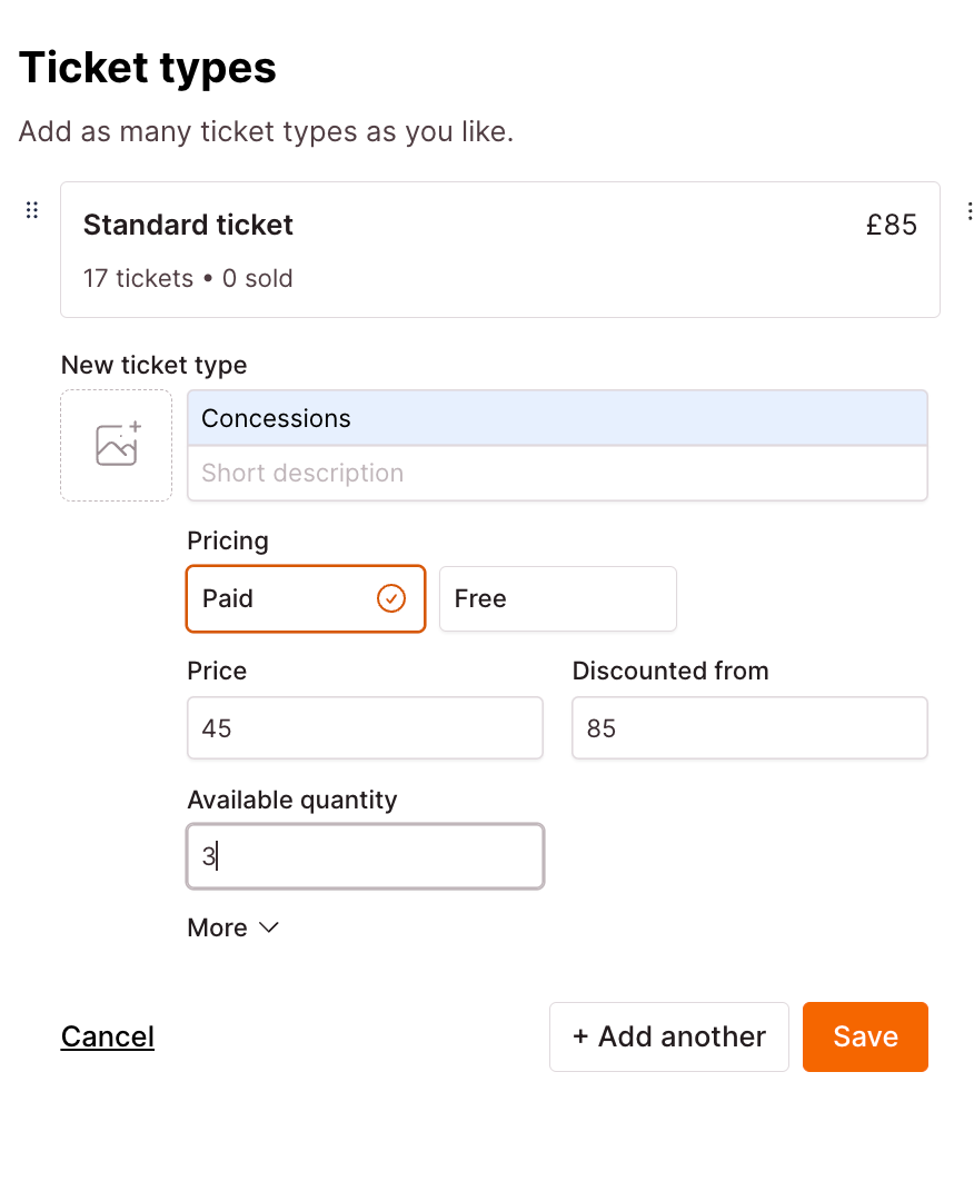 Checkout Page form enabling you to add ticket types for your event