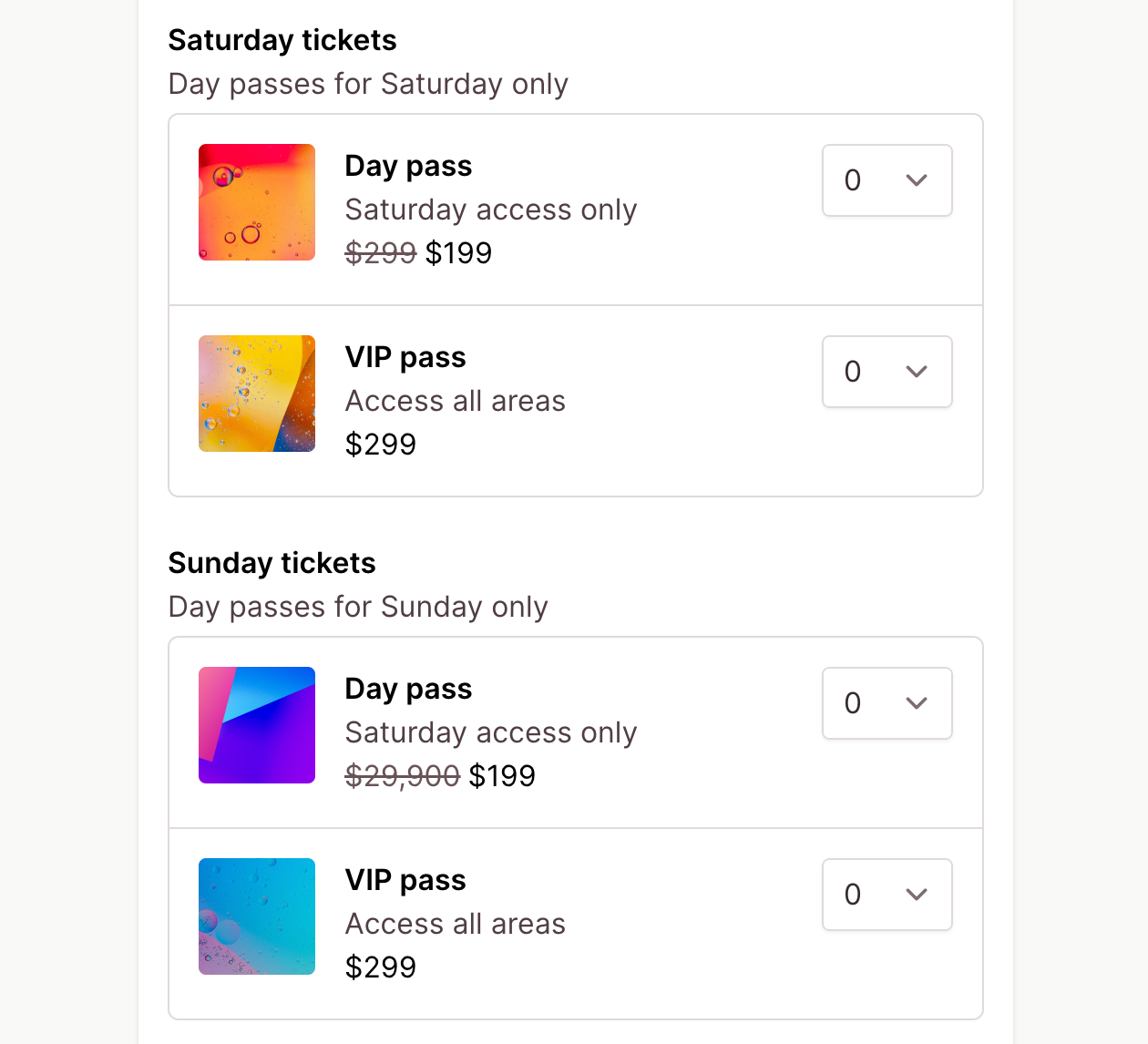 Add any number of ticket groups to your event page to organize your ticket types together and manage group capacity