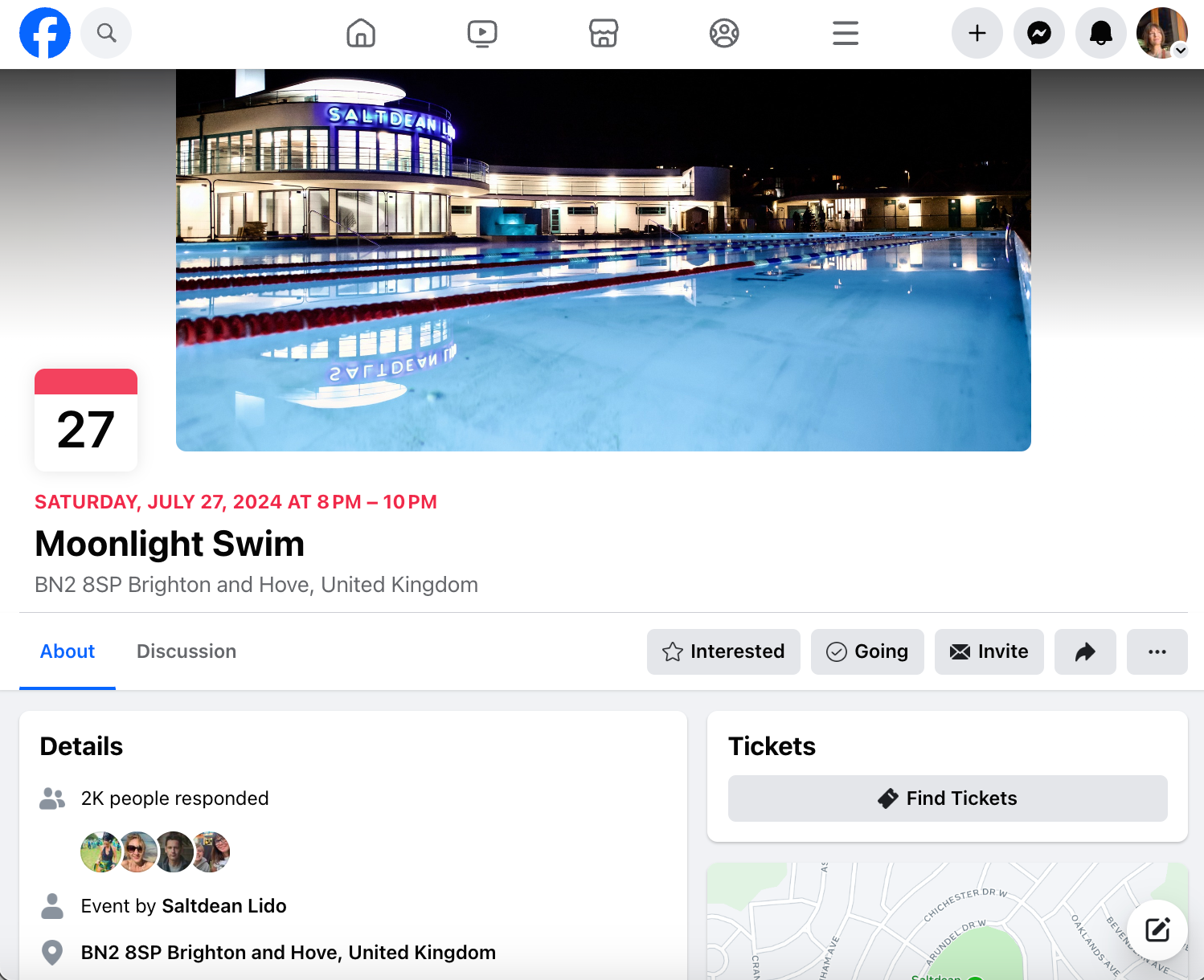 Screenshot of a Facebook event pages for a moonlight swim in Saltdean.