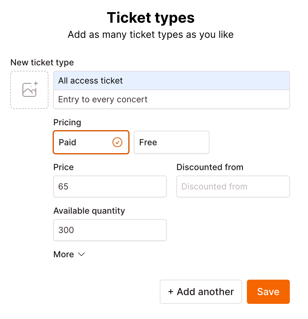 Checkout Page form enabling you to add ticket types