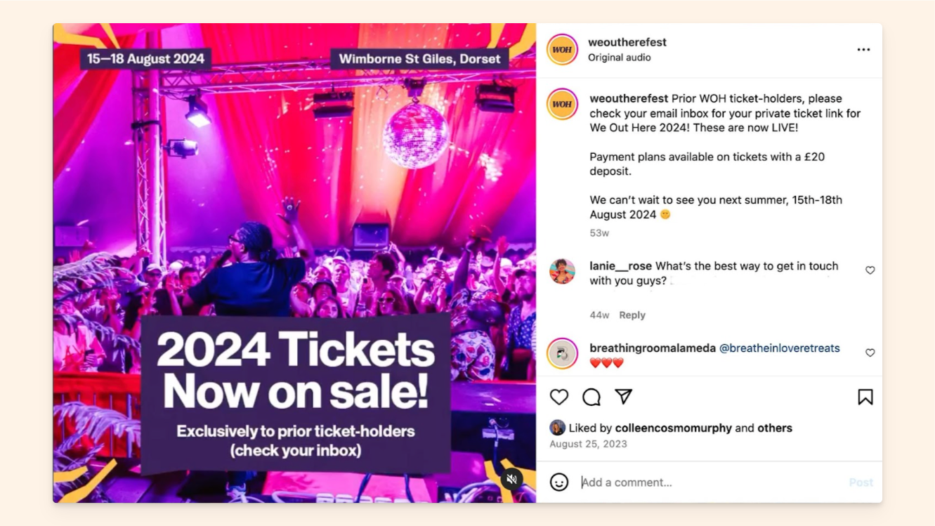 Instagram post asking prior ticket holders to check their inbox for early access to tickets