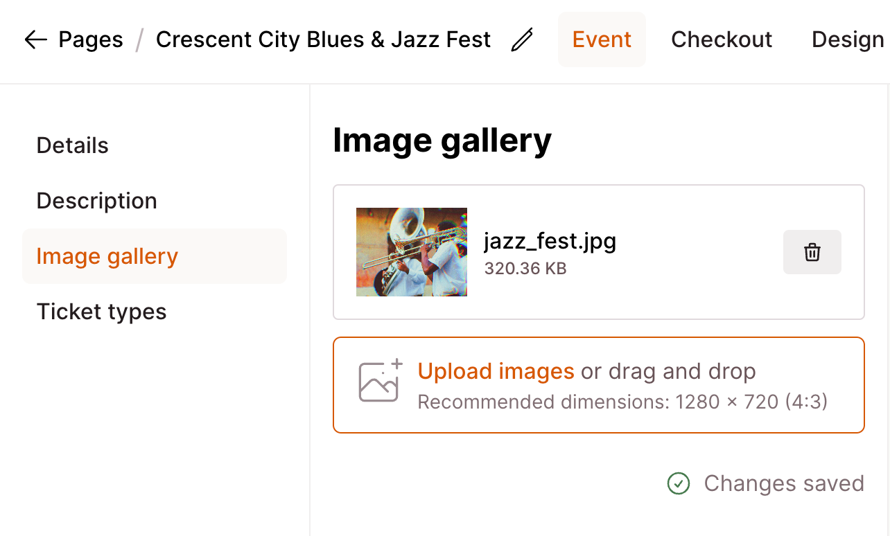 Checkout Page form enabling you to add an image for your event