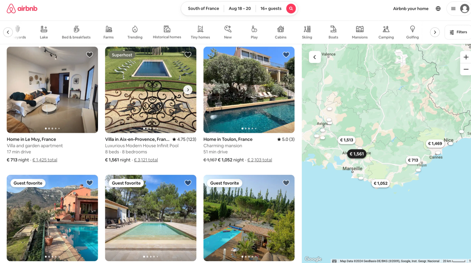 A screenshot of villas in Italy on the Airbnb website