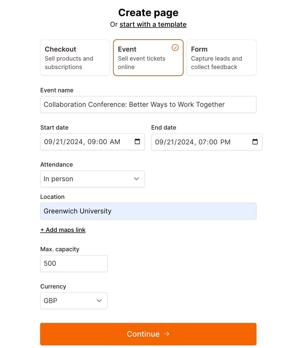 Checkout Page form enabling you to select an event page and add key details such as title, dates and event capacity