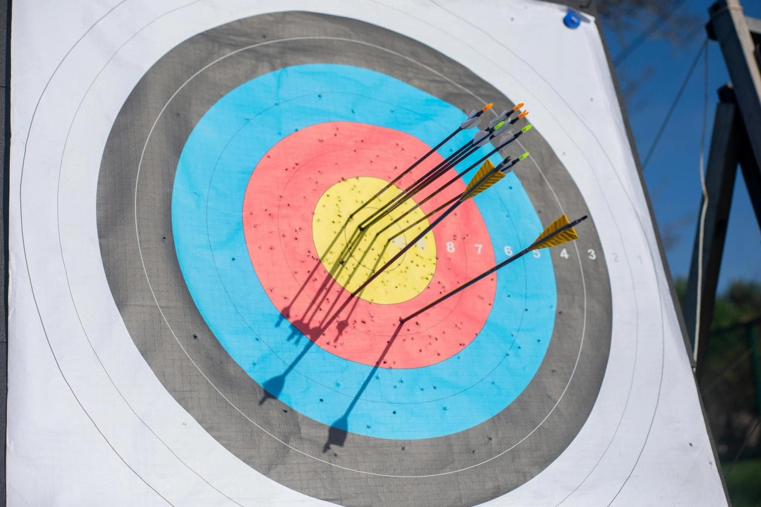 A target with arrows in it, some in the bullseye, and 2 just outside.