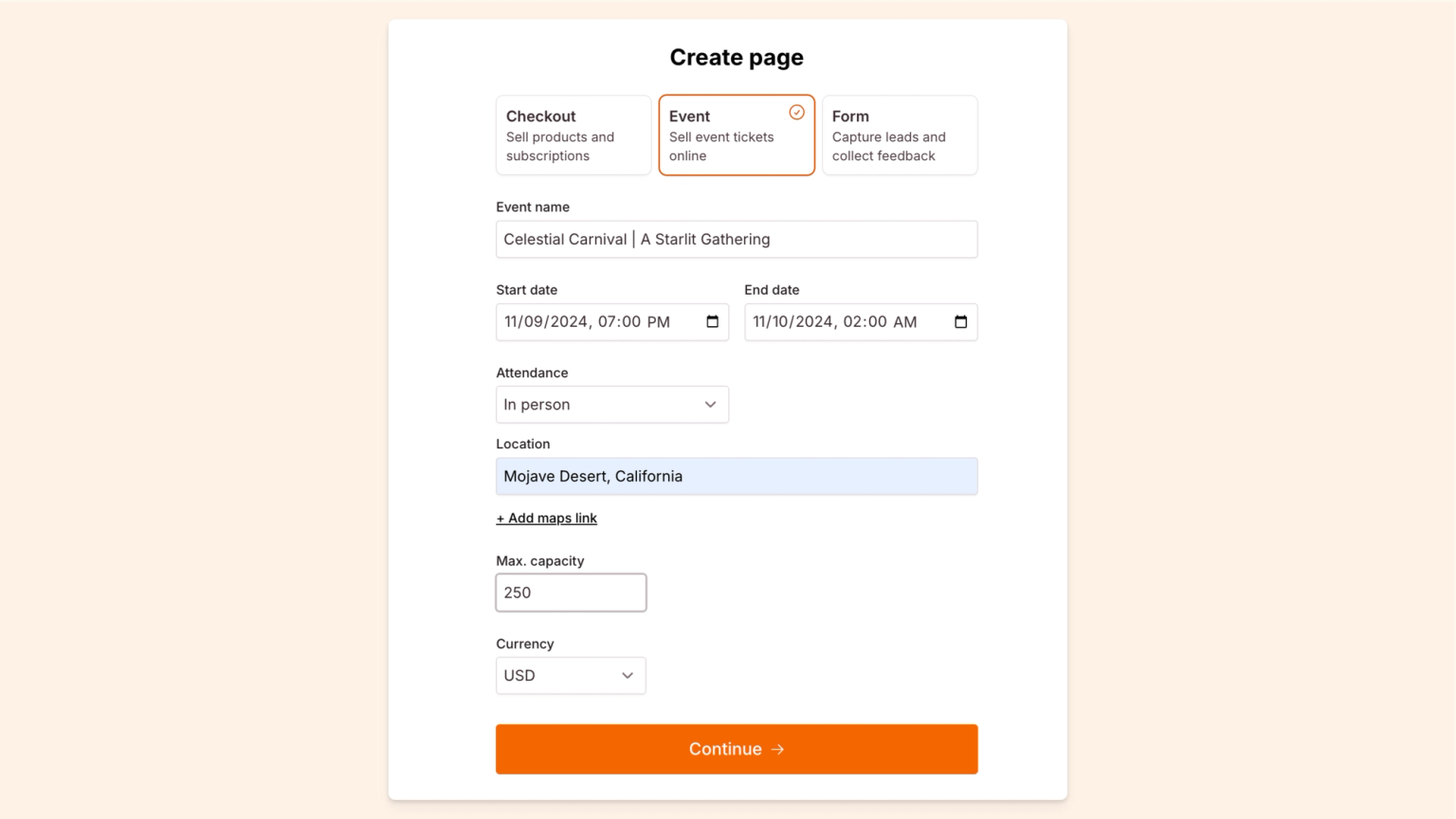 Checkout Page form enabling you to select the event page format