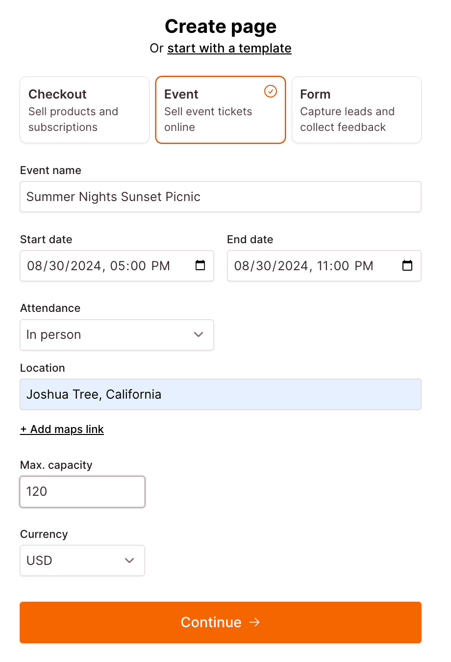 Screenshot of a Checkout Page form enabling you to create a new event page