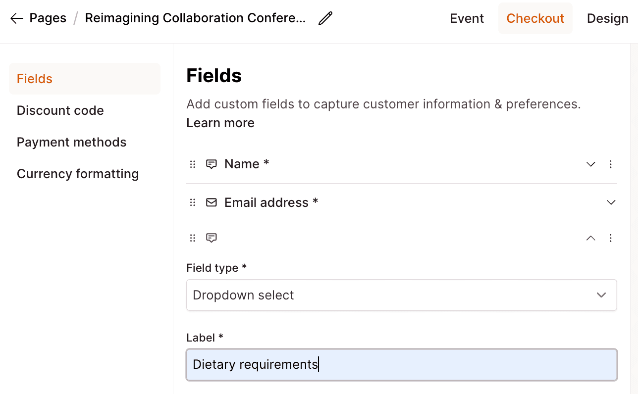 Checkout Page form enabling you to add custom registration fields for your event