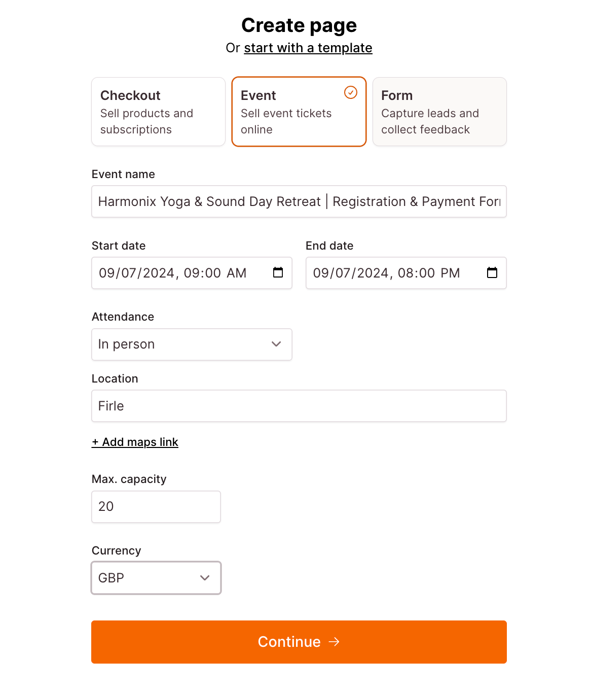 Checkout Page form enabling you to create an event page and add important details