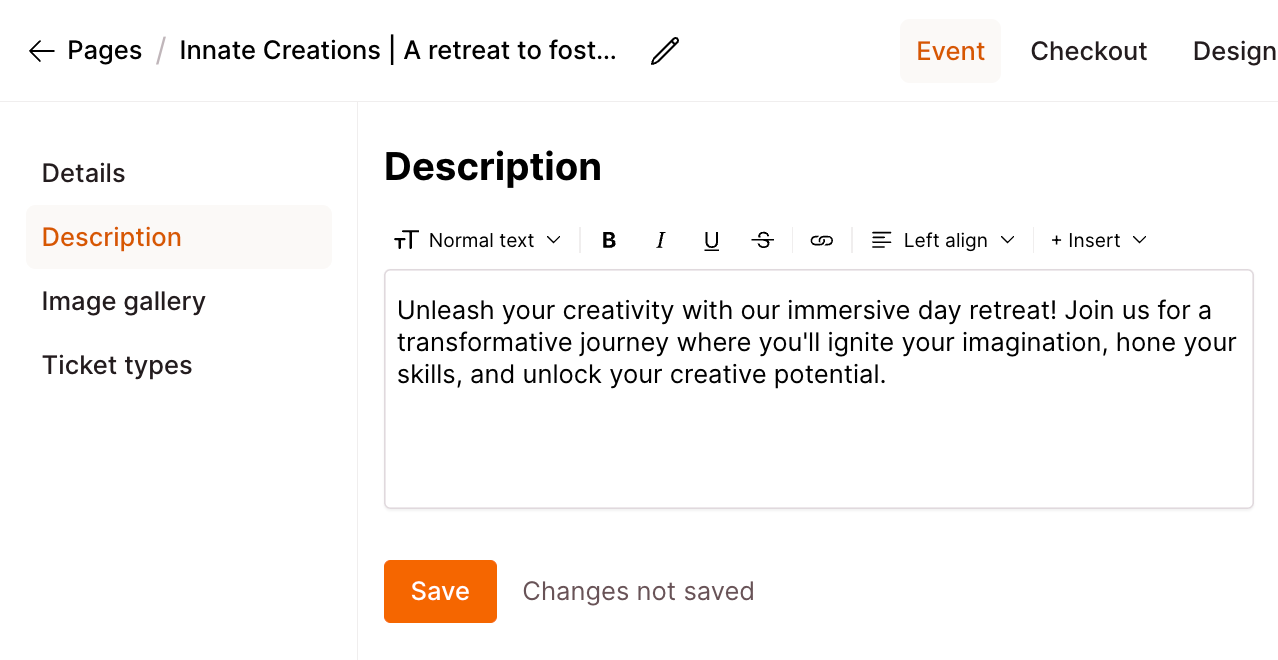 Checkout Page form enabling you to add a description for your retreat