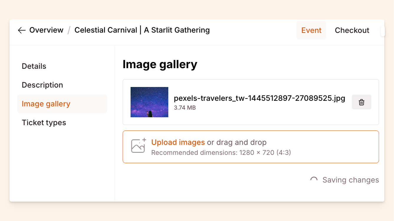 Checkout Page form enabling you to add an image to your event page