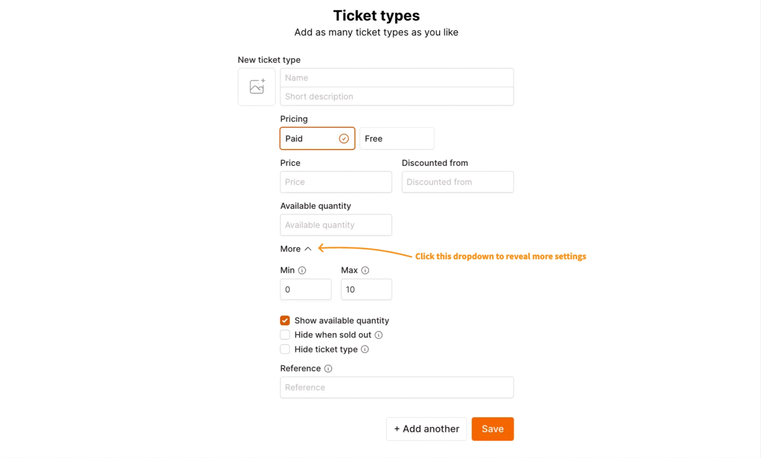 Click this dropdown to reveal more ticket type settings