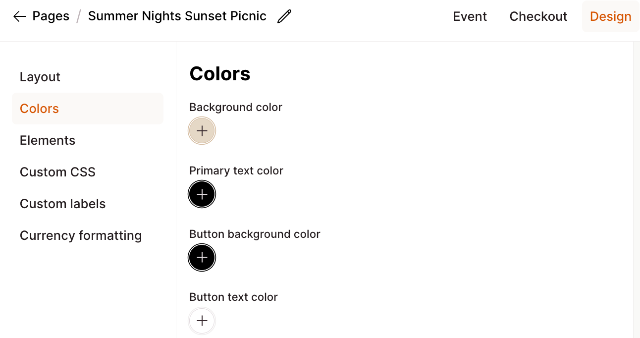 Screenshot of a Checkout Page form enabling you to adjust the colours of your page to match your branding