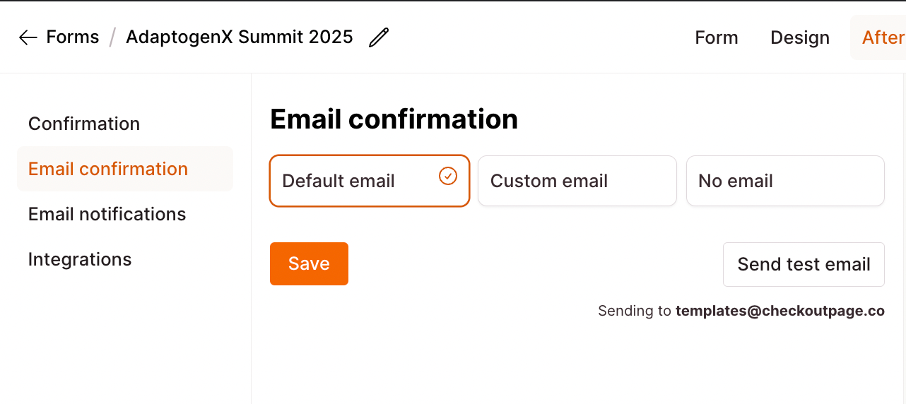 Checkout Page form enabling you to select from custom or default email confirmation templates.