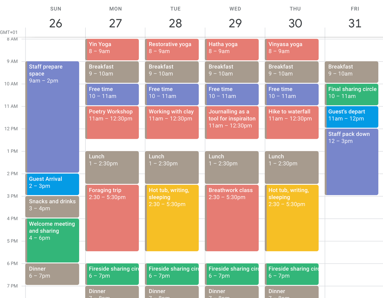 Screenshot of a color coded google calendar showing the events during a retreat