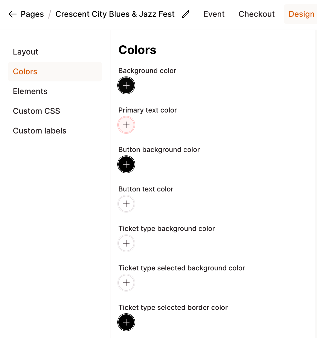 Checkout Page form enabling you to adjust the colours of your page to suit your branding