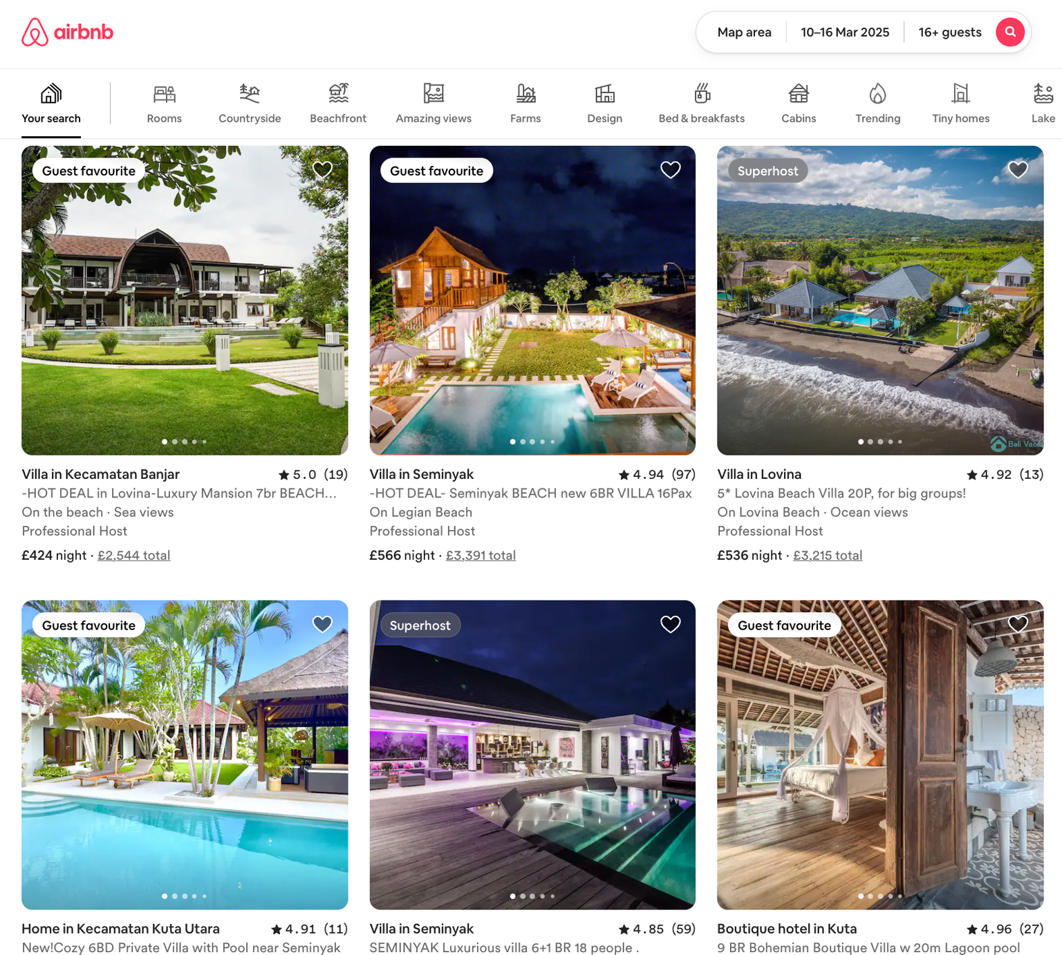 Screenshot of a selection of luxury villas on Airbnb