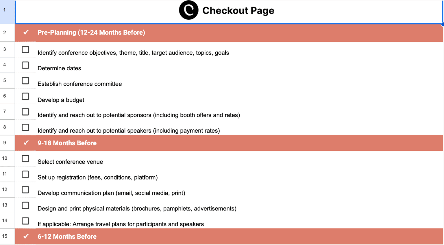 Screenshot of the Checkout Page conference planning checklist