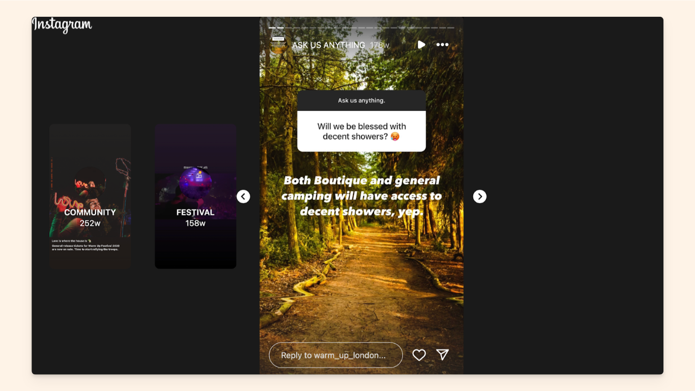 Shot of an Instagram story responding to 'Ask us anything' questions from audience. The question asks whether there will be decent showers at the festival.