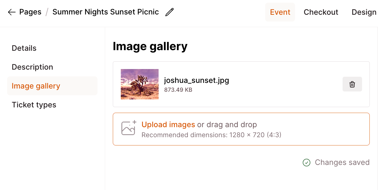 Checkout Page form enabling you to add an image for your event page