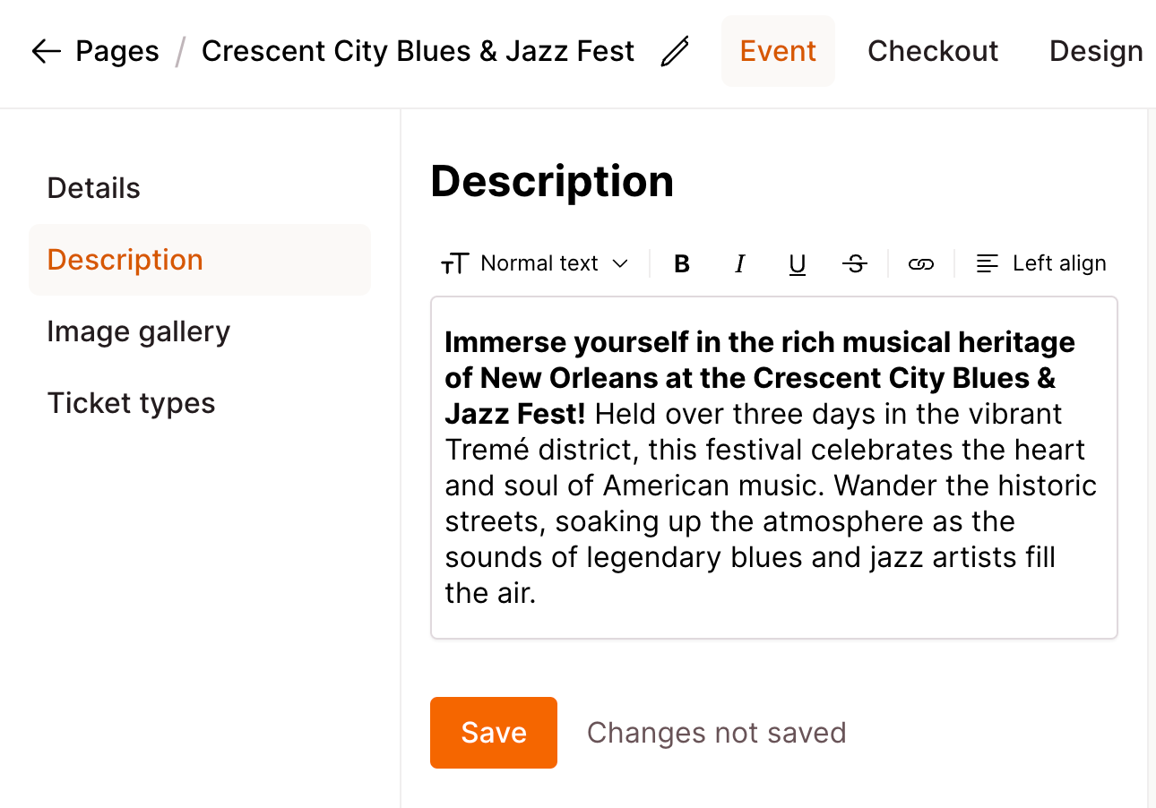 Checkout Page form enabling you to add a description for your event