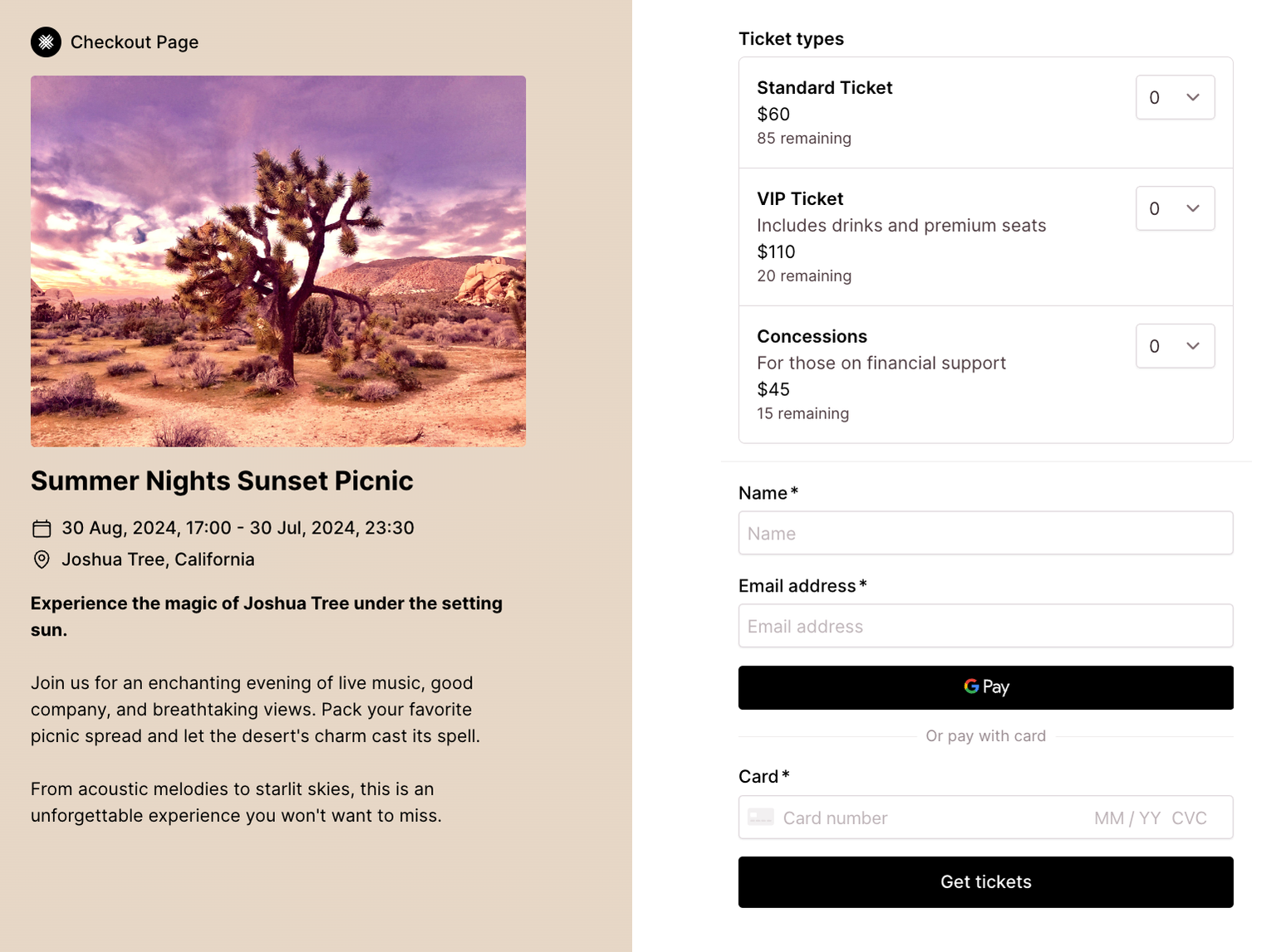 Screenshot of a Checkout Page form enabling you to preview your event page