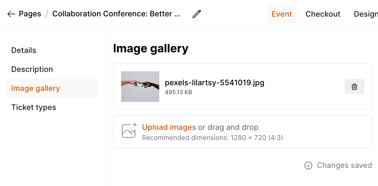 Checkout Page form enabling you to add one or more images to your event page.