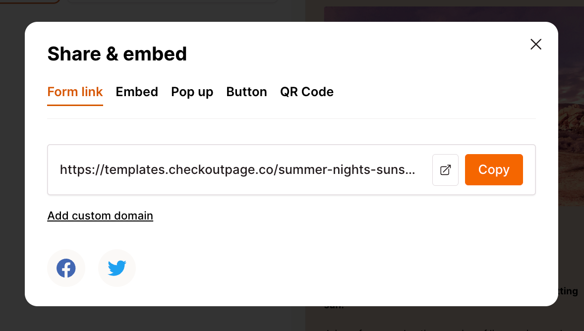 Screenshot of a Checkout Page form enabling you to share and embed your event page