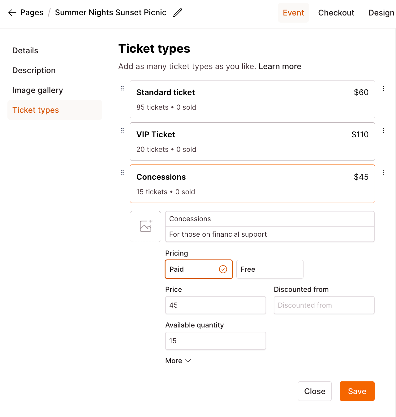 Checkout Page form enabling you to edit and add more ticket types