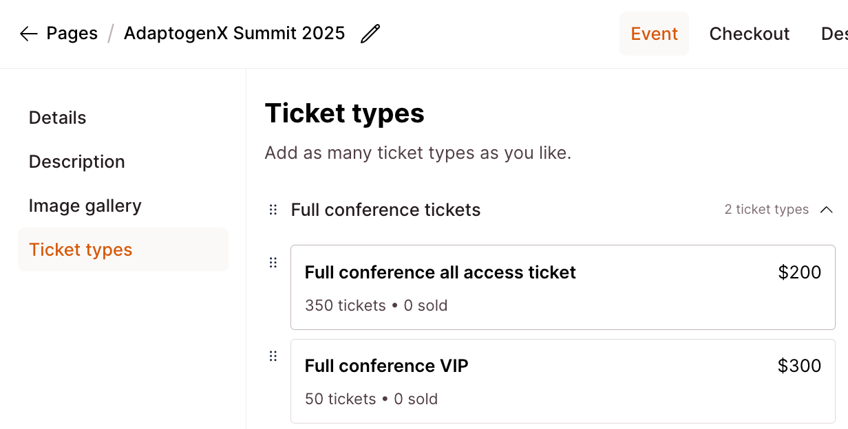 Checkout Page form enabling you to add ticket types to your groups.