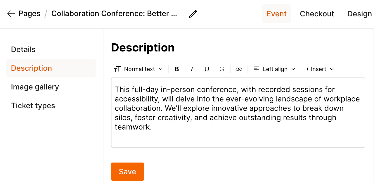 Checkout Page form enabling you to add a description of your event.