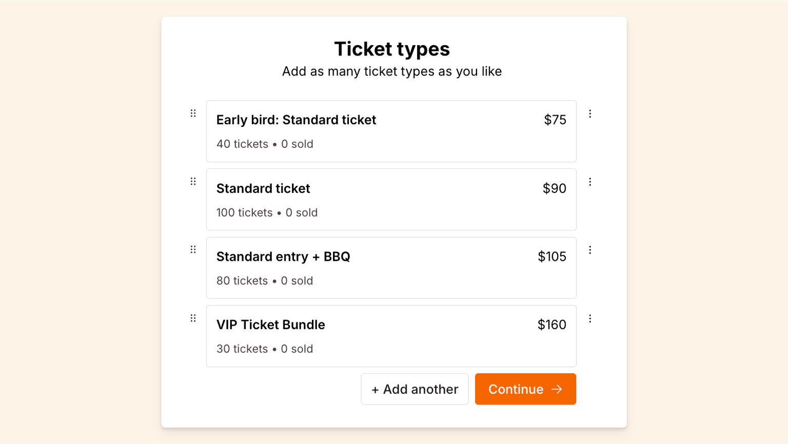 Checkout Page form enabling you to add you ticket types for sale