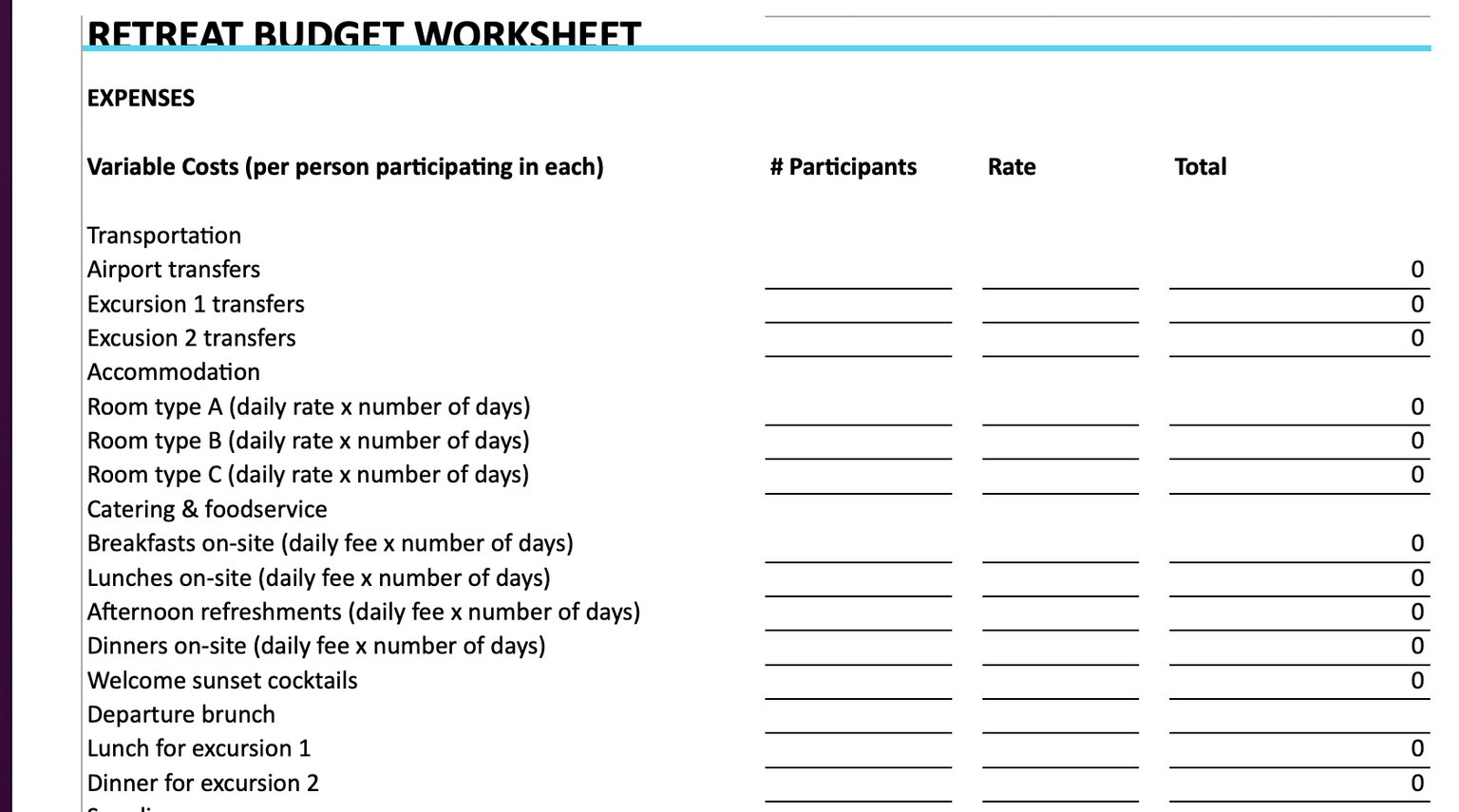 Screenshot of retreat budget calculator document