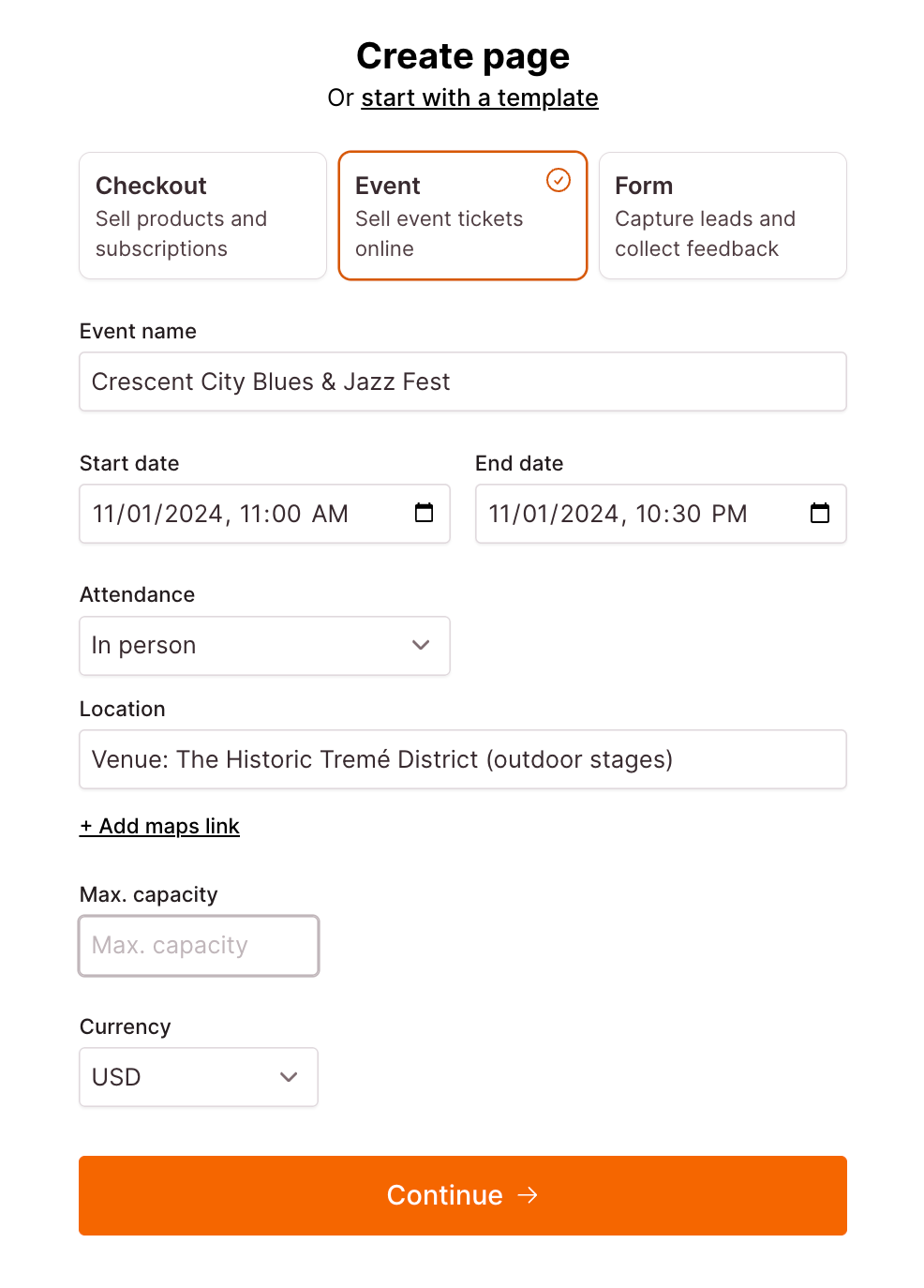 Checkout Page form enabling you to create an event page