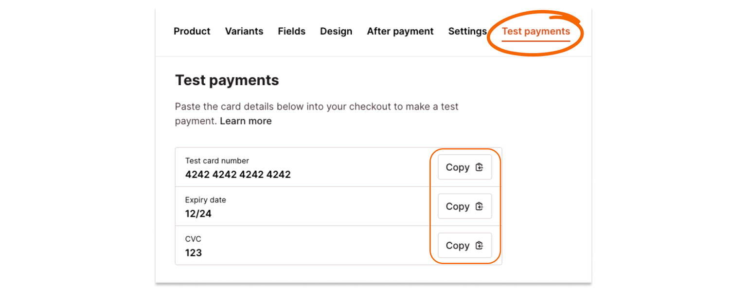 Test payment credit card details