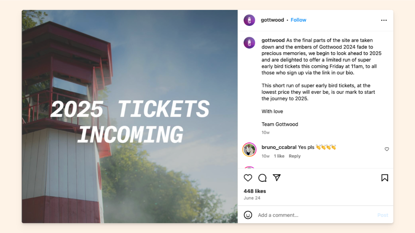 An instagram post advertising 2025 tickets for a festival