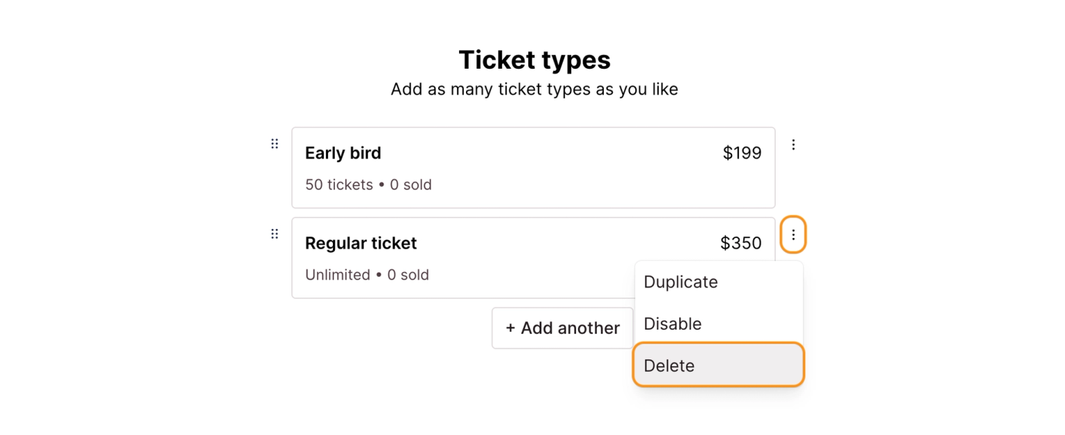 Select Delete option from the ticket type actions