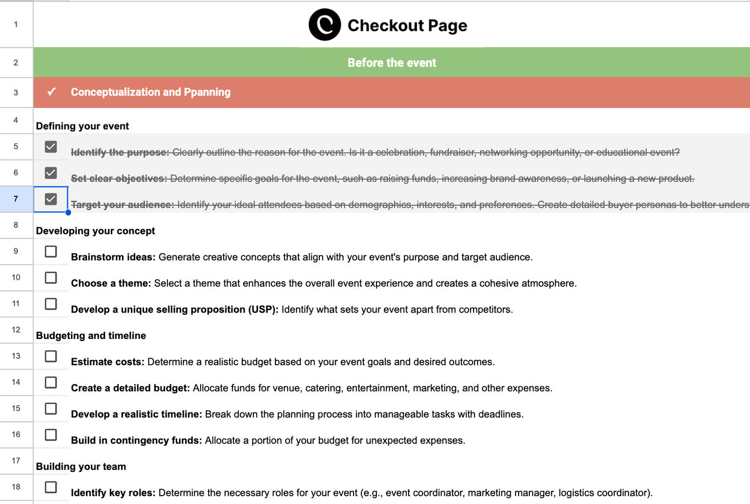 Screenshot of Checkout Page's event planning checklist document