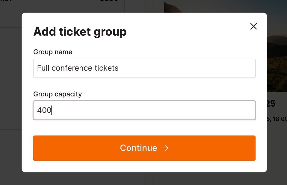 Checkout Page popup enabling you to create ticket groups with capacities to restrict total sales
