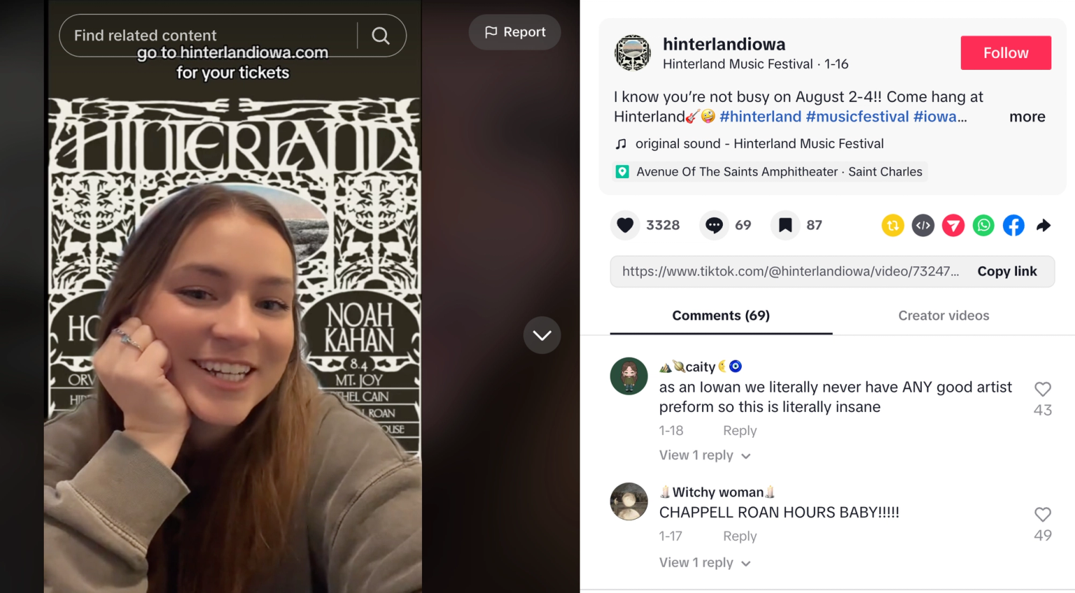 Screenshot of a video on Hinterland Festival's TikTok page.